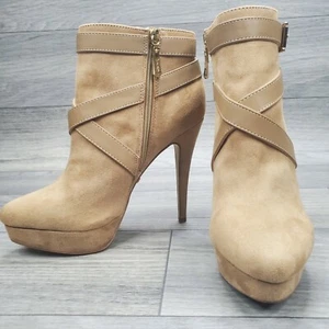 BEBE Size 8 Tan Stilletto Strapped Ankle Boots With Zipper And Buckle - Picture 1 of 12