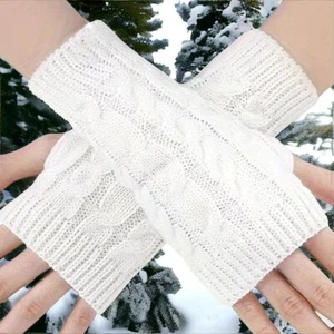 White Chunky Knit Gloves Fingerless Long Wrist Winter Warmer Mitten Stretch New - Picture 1 of 4