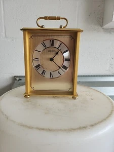 Seiko Gold Tone Quartz Battery Mantle Carriage Clock, Clear White Face QHE093G - Picture 1 of 1