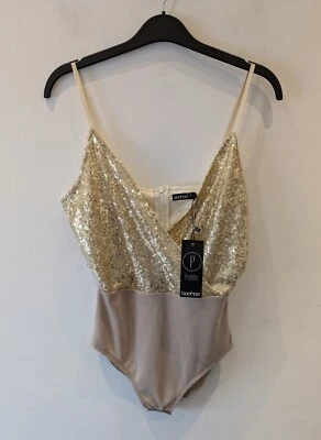 Traje cruzado de lentejuelas Boohoo Petite para dama talla 4 dorado beige nuevo con etiquetas defecto Foto 1 de 4