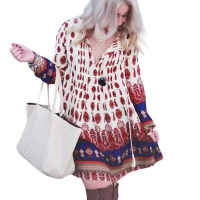 Vestido PPLA Boho Festival Mujeres Pequeño Rojo Crema Mini Tribal Campesino Hippie Retro Foto 1 de 4