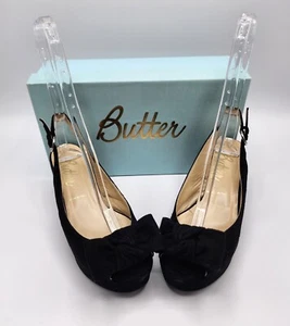 BUTTER Black Suede Skingback Platform Wedge Sandal Sz 6 US Pre-owned - Picture 1 of 7