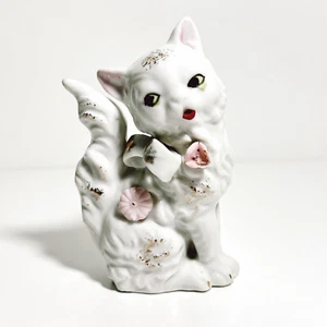 Persian Cat Figurine Retro White Sassy Ceramic Feline Flowers Gold Vintage (t02 - Imagen 1 de 16