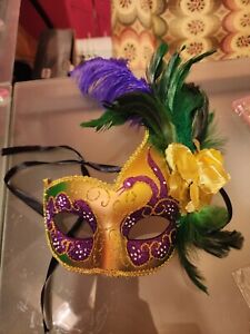 MARDI GRAS Green, Purple & Gold Feather Swan Masquerade Mask Women Mask