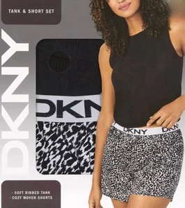 DKNY Damen Lounge Schlaf Set L - Schwarz Geripptes Tank & Animal Print Shorts - Bild 1 von 6