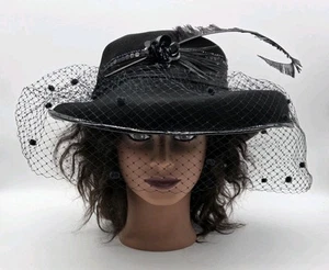 Doris Designed Black Wool Felt Stylish Women's Hat Netting Feather Rose USA VTG - Picture 1 of 17