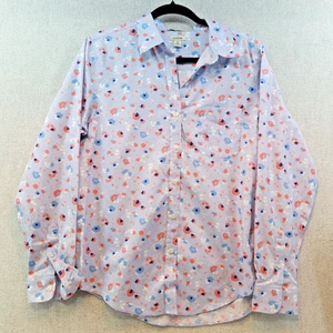 LL BEAN Cotton Blue Pink Floral Button Collar Career Preppy Blouse, Sz M - Picture 1 of 9