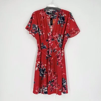 Women's NWT City Chic Belted Paris Floral Dress Size 18W Red Faux Wrap - Image 1 of 2