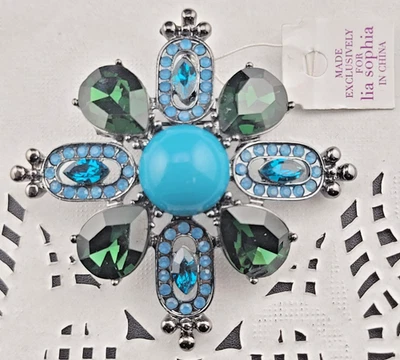 NWT Lia Sopia Blue Green Turquoise Crystal Roman Cross Rhinestone Brooch 2.25" - Image 1 of 4