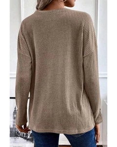 Pale Khaki Rib Textured Henley Knit Top - S - Picture 1 of 5