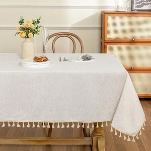 Table Cloth 60x102 in Rectangle Table, Cotton Tassel Linen Look Waterproof Ta... - Picture 1 of 8