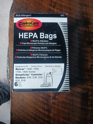 Paquete de 6 bolsas de vacío EnviroCare Riccar Simplicity HEPA antialérgenos # 855 Foto 1 de 3