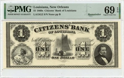 1860s $1 New Orleans, LA Obsolete Citizens Bank PMG Superb GEM 69 EPQ TOP POP - Image 1 of 2