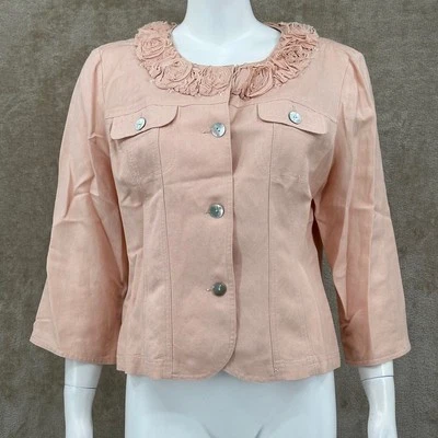 Ruby Road Jacket Women 12 Peach Pink Rose Embellished Collar Blazer Linen Office - Image 1 of 4