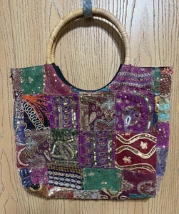 VTG Embroidered & Sequined Multicolor Hobo Bag Tote Wrapped Wood Handles Boho - Picture 1 of 11