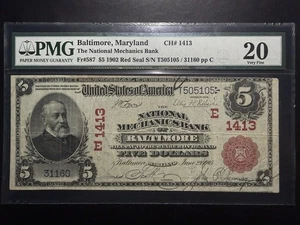 $5 1902 NATIONAL CURRENCY RED SEAL BALTIMORE MARYLAND Fr#587  PMG 20 VERY FINE - Picture 1 of 2