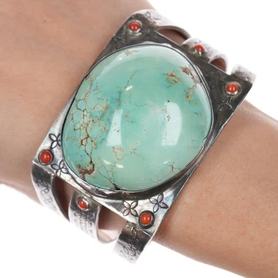 7.12" Large vintage Native American sterling, turquoise, coral cuff bracelet - Image 1 of 4
