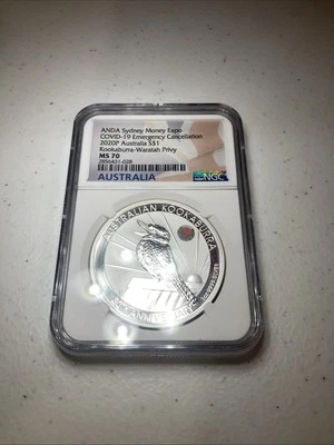 2020 $1 1oz Silver Sydney ANDA Expo Kookaburra Waratah Privy Mark NGC MS 70! - Image 1 of 2