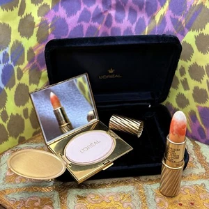 Rare Vintage L’Oréal Make up Metallic Gold Ribbed set Pressed Powder Lipstick - Picture 1 of 11