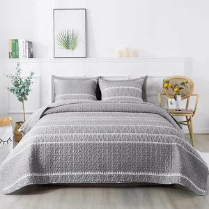 Grey Queen Quilt Bedding Set, 3 Pieces (1 Striped Boho Printed Quilt 90X96 Inch - Picture 1 of 6
