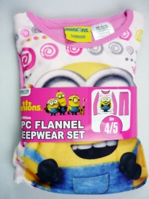 NEW Minions Girls Two Piece Long Sleeve Pink Flannel Pajama Set Size 4 and 5 - Image 1 of 4