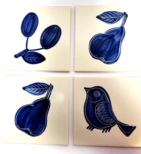 4 Blue & White Ceramic Tiles Bird Pear Kitchen Azupa Portugal Decor - Picture 1 of 9