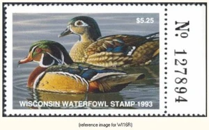 Estampilla de pato D2K de Wisconsin 1993 $5.25 con pestaña derecha - Imagen 1 de 1