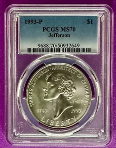 1993 P $1 Silver Jefferson Commemorative PCGS MS70 (649) - Picture 1 of 2