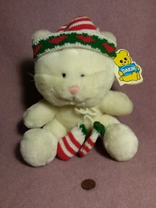 9" Vtg  Dakin cream Christmas Mittens Kitten Cat Stuffed Plush w/ hat and tag - Picture 1 of 5