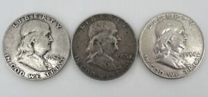 Set Of 3 1952,53,54 Franklin US Half Dollar 90% Silver Coin T26