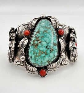 Vtg Navajo Sterling Silver Carico lake Turquoise Coral Flower Cuff Bracelet 81g - Picture 1 of 11