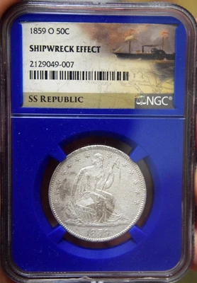 SS Republic 1859-O SHIPWRECK EFFECT LIBERTY SILVER HALF-NICE!!  PLUS $25 BOOK!! - Image 1 of 4