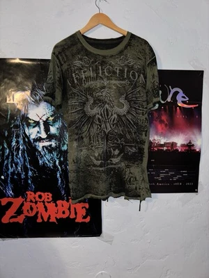 Camiseta Y2k Affliction Para Hombre XL Verde Negro Gráficos Reversibles Foto 1 de 4