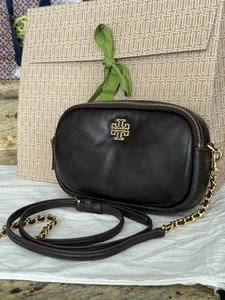 398! New Tory Burch BRITTEN LEATHER PUFFYCAMERA BAG DARK MAHOGANY - Picture 1 of 8