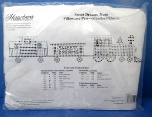 Herrschners Stamped Cross Stitch Pillowcase Pair Sweet Dreams Train with Floss - Picture 1 of 5