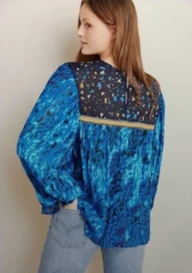 Anthropologie Bl^nk UK Miranda Peasant Sheer Long Sleeve Blouse Blue Small NWT - Picture 1 of 15