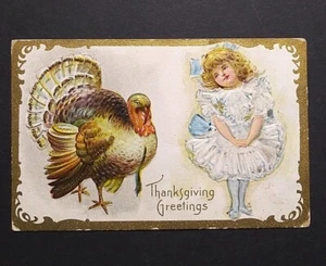 Thanksgiving Greetings Turkey Girl in Dress Gold Embossed c1909 Antique Postcard - Picture 1 of 4