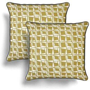 Set of 2 Ochre / Grey Geometric Reversible Cotton C/Covers Piped Trim 43 x 43 cm - Picture 1 of 7