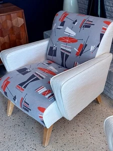 RARE! 1950’s Jetsons Boomerang Atomic Mid Century Chair Barkcloth Vintage Fabric - Picture 1 of 13