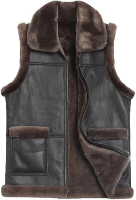 Men's Coffee Brown Fur Real Sheep Leather Shearling Lined Vest Fur Collar Jacket - Image 1 of 3