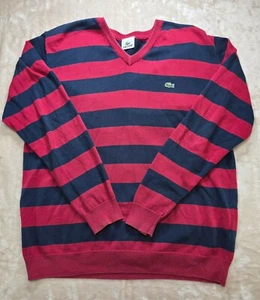 Lacoste Mens Cotton Sweater V-Neck Pullover Striped Long Sleeve Red Blue Size 6 - Picture 1 of 11