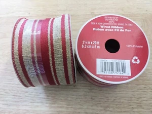 2 Weihnachtsband Urlaub 2,5"x20ft Drahtband rot gestreift Sackleinenband Geschenk - Bild 1 von 3