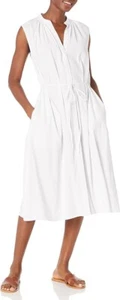 NWT VINCE SHORT SLEEVE SHIRRED BAND COLLAR LINEN BLEND MIDI DRESS WHITE PLUS 1X - Picture 1 of 6
