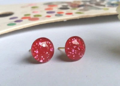 Ohrstecker Cabochon Pink Himbeer Weiß Flocke Glas Handgemacht Ohrring Rot 41 - Bild 1 von 4