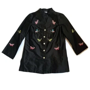 Vtg Silk Black embroidered butterflies Button-up top asian Inspired Women Sz M - Picture 1 of 8