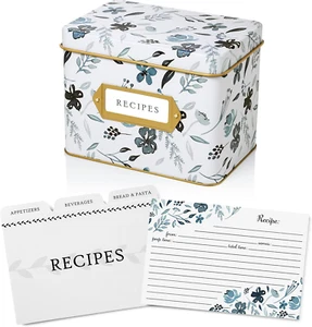 Recipe Card Gift Box, 25 4X6 Inch Cards, 14 Dividers, Decorative Tin Box - Picture 1 of 6