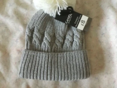 GEORGE - Grey Beanie Hat Cable Knit & White Pompom One Size - BNWT - Image 1 of 4