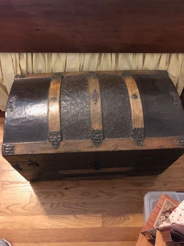 Vintage Hump Back Trunk. Galveston, TX. Dated November 8 1896. Original. Wheels Cover