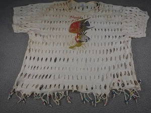 Vintage Florida Shirt Womens 2XL White Fish Cutout Beaded Fringe Beach Summer - Picture 1 of 10