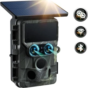 Camera Solar Powered - WiFi Bluetooth Dual Lens 60MP 4K UHD 30FPS Native Trail - Picture 1 of 9